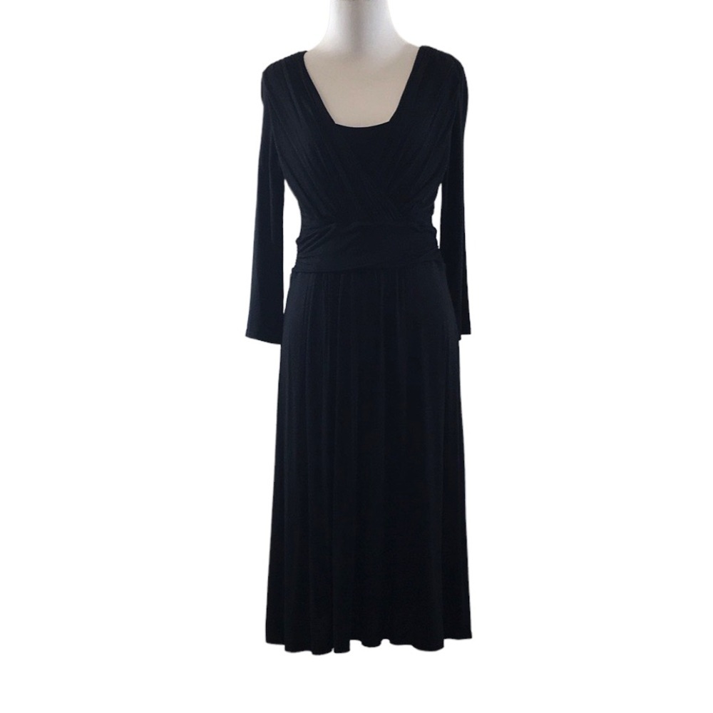 Pure Collection Black Ruched Dress Womens 6 Midi 3/4 Sleeve Stretch Jersey